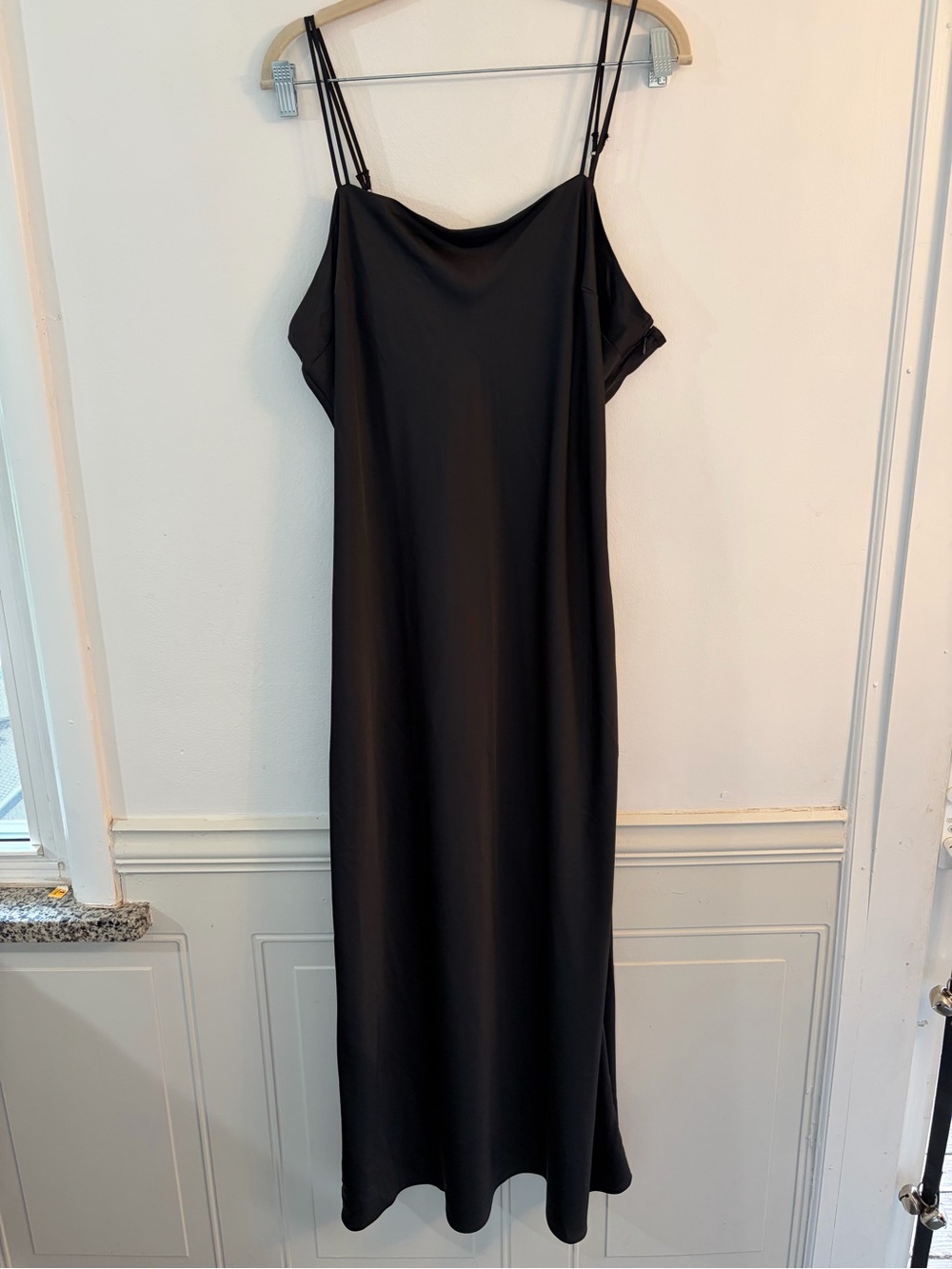 NWT Abercrombie and Fitch Black Satin Double-Strap Maxi Slip Dress